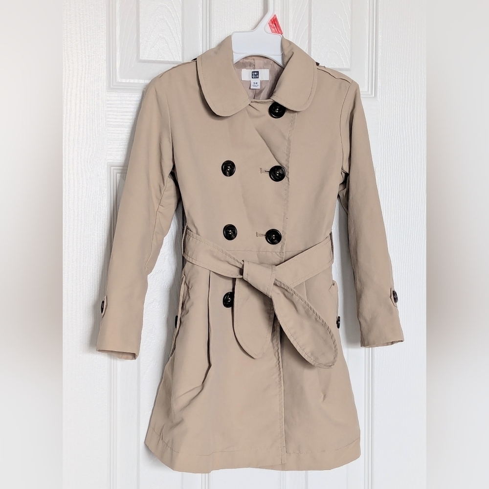 Uniqlo Girls (Size 3-4) Lined Button-Down Nylon Tan Trench Coat w/Front Tie/Belt